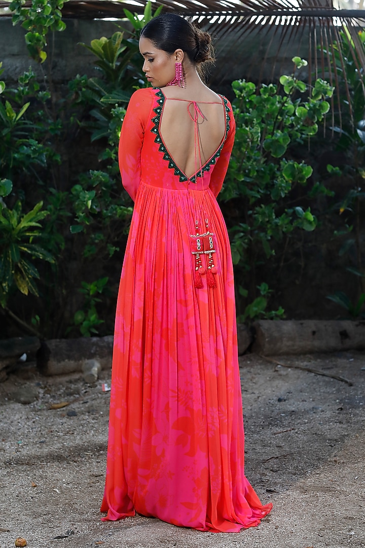 Pink & Red Georgette Floral Printed Wedding Anarkali Set by Harshita Singhvi at Pernia's Pop Up Shop