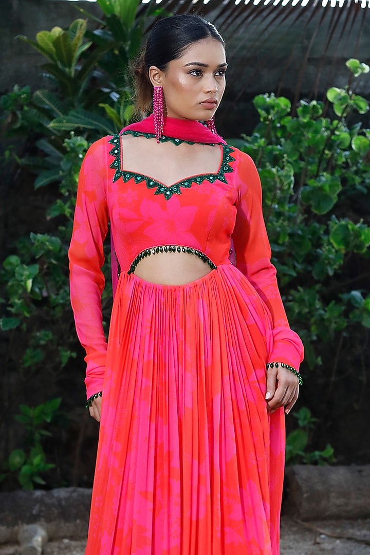 Pink & Red Georgette Floral Printed Wedding Anarkali Set by Harshita Singhvi at Pernia's Pop Up Shop