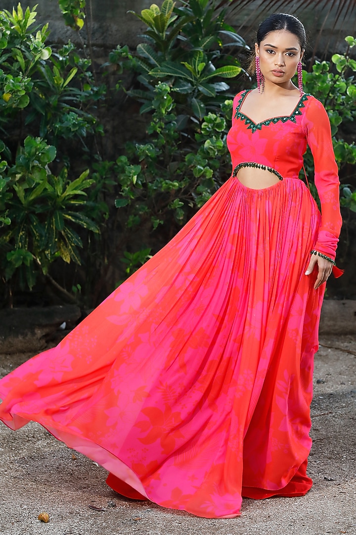 Pink & Red Georgette Floral Printed Wedding Anarkali Set by Harshita Singhvi at Pernia's Pop Up Shop