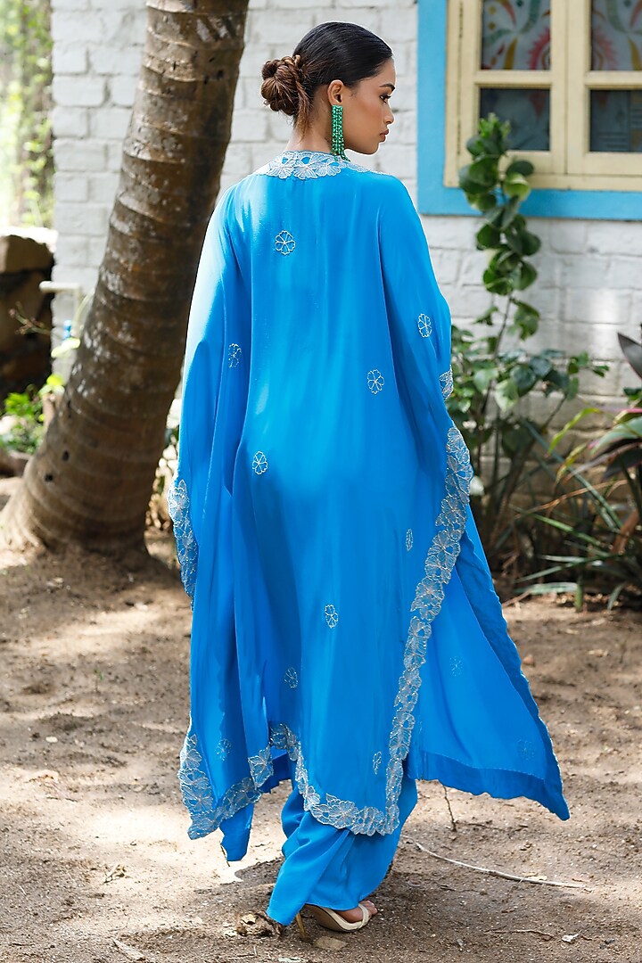 Teal Blue Crepe Mirror & Cutdana Embroidered Cape Set by Harshita Singhvi at Pernia's Pop Up Shop