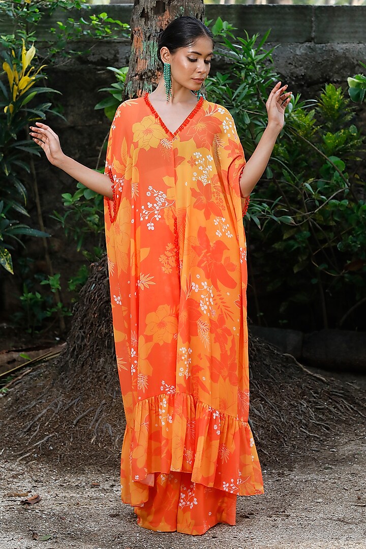 Yellow & Orange Georgette Floral Printed Kaftan Set by Harshita Singhvi at Pernia's Pop Up Shop