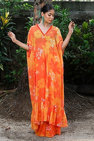 Yellow & Orange Georgette Floral Printed Kaftan Set by Harshita Singhvi