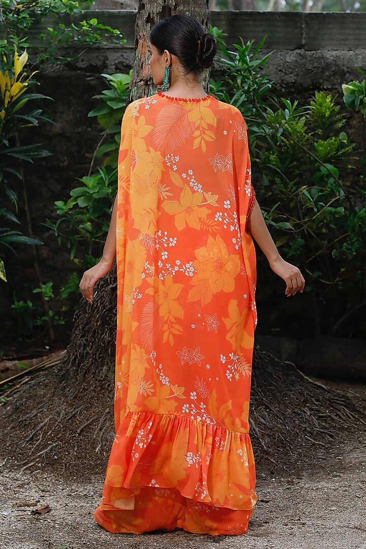 Yellow & Orange Georgette Floral Printed Kaftan Set by Harshita Singhvi at Pernia's Pop Up Shop