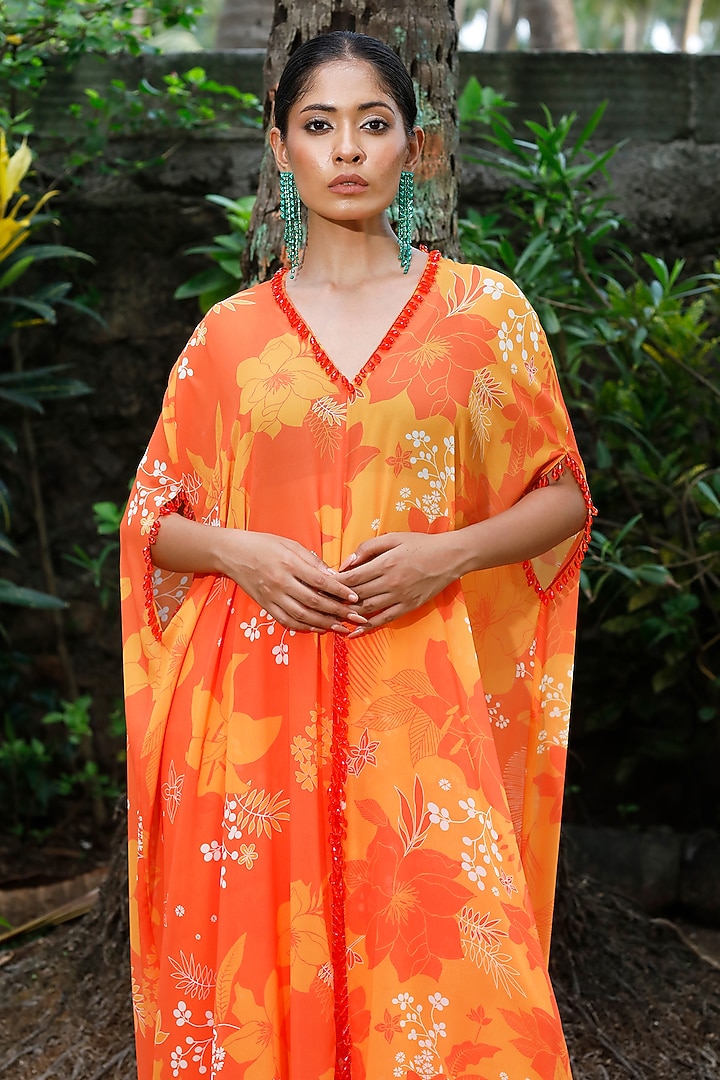Yellow & Orange Georgette Floral Printed Kaftan Set by Harshita Singhvi at Pernia's Pop Up Shop