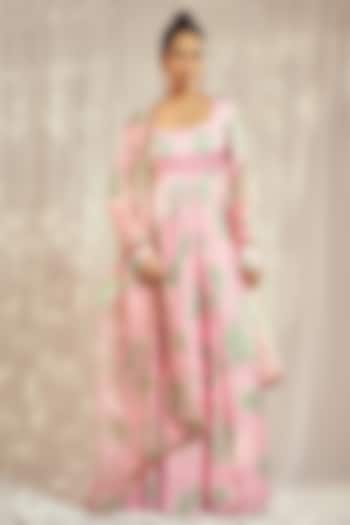 Baby Pink Georgette Satin Floral Printed Scalloped Anarkali Set by Harshita Singhvi at Pernia's Pop Up Shop