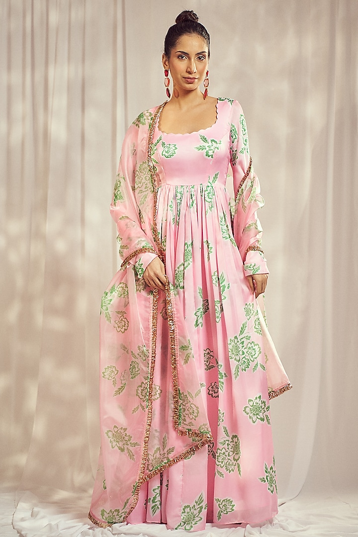 Baby Pink Georgette Satin Floral Printed Scalloped Anarkali Set by Harshita Singhvi at Pernia's Pop Up Shop