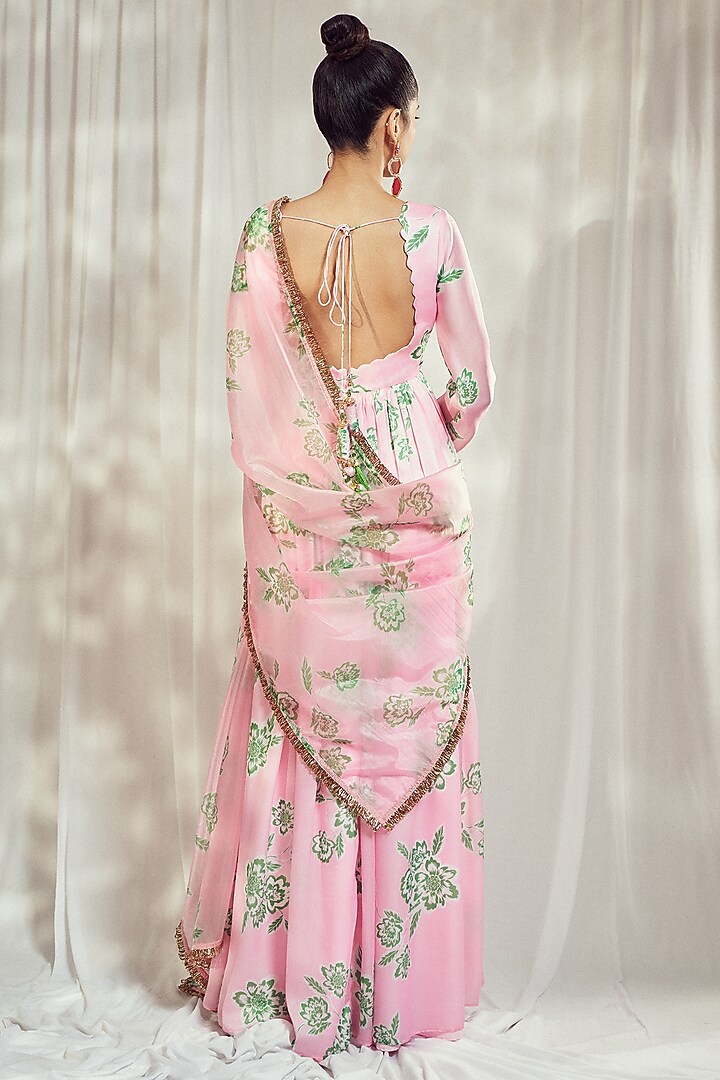 Baby Pink Georgette Satin Floral Printed Scalloped Party Wear Anarkali Set by Harshita Singhvi at Pernia's Pop Up Shop