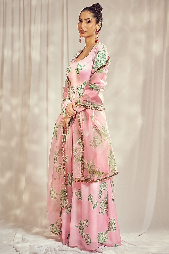 Baby Pink Georgette Satin Floral Printed Scalloped Party Wear Anarkali Set by Harshita Singhvi at Pernia's Pop Up Shop