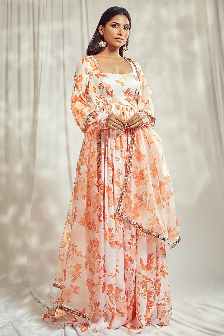 Burnt Orange Georgette Satin Floral Printed Scalloped Anarkali Set by Harshita Singhvi at Pernia's Pop Up Shop