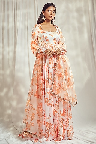 Burnt Orange Georgette Satin Floral Printed Scalloped Anarkali Set by Harshita Singhvi