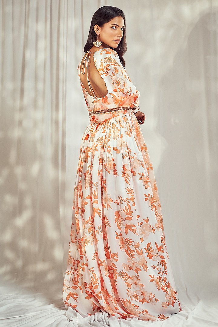 Burnt Orange Georgette Satin Floral Printed Scalloped Party Wear Anarkali Set by Harshita Singhvi at Pernia's Pop Up Shop
