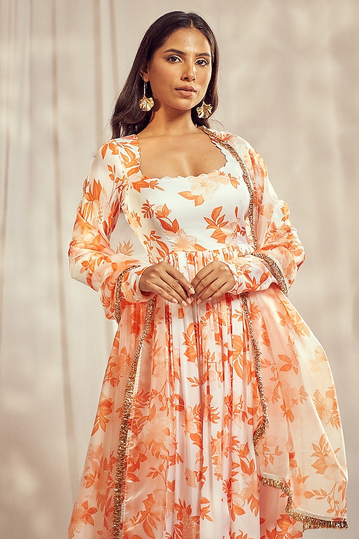 Burnt Orange Georgette Satin Floral Printed Scalloped Party Wear Anarkali Set by Harshita Singhvi at Pernia's Pop Up Shop