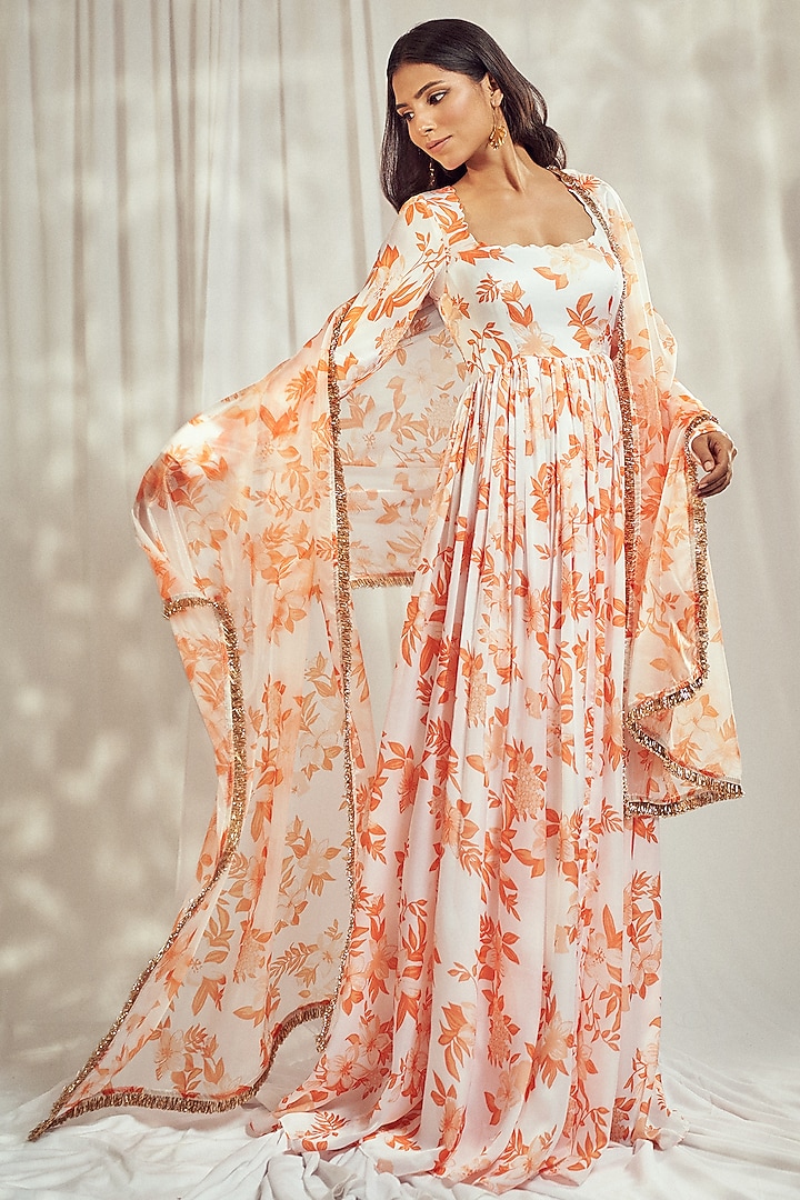 Burnt Orange Georgette Satin Floral Printed Scalloped Party Wear Anarkali Set by Harshita Singhvi at Pernia's Pop Up Shop