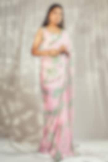 Baby Pink Georgette Satin Floral Printed Saree Set by Harshita Singhvi at Pernia's Pop Up Shop