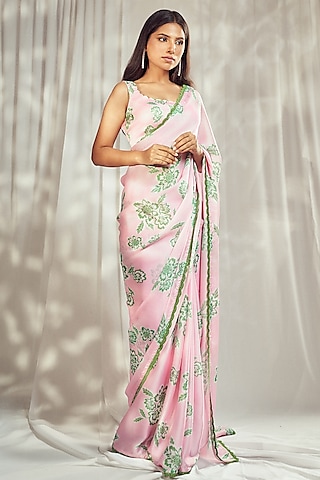 Baby Pink Georgette Satin Floral Printed Saree Set by Harshita Singhvi