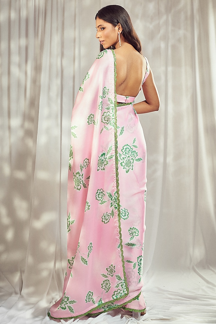 Baby Pink Georgette Satin Floral Printed Party Wear Saree Set by Harshita Singhvi at Pernia's Pop Up Shop