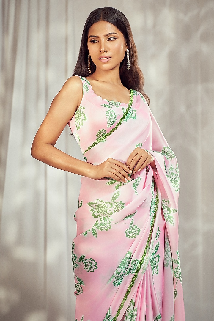 Baby Pink Georgette Satin Floral Printed Party Wear Saree Set by Harshita Singhvi at Pernia's Pop Up Shop