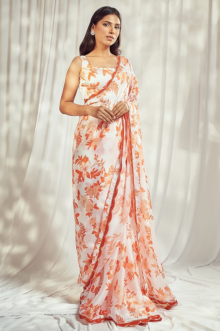 Burnt Orange Georgette Satin Floral Printed Saree Set by Harshita Singhvi at Pernia's Pop Up Shop