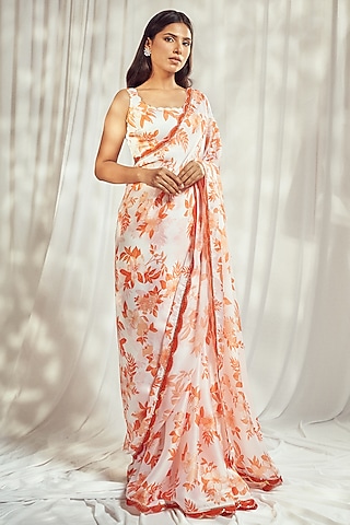 Burnt Orange Georgette Satin Floral Printed Saree Set by Harshita Singhvi