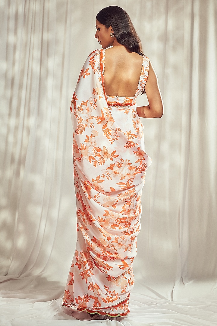 Burnt Orange Georgette Satin Floral Printed Party Wear Saree Set by Harshita Singhvi at Pernia's Pop Up Shop