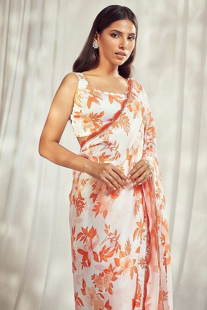 Burnt Orange Georgette Satin Floral Printed Party Wear Saree Set by Harshita Singhvi at Pernia's Pop Up Shop
