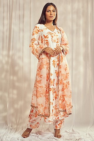 Burnt Orange Tuscan Pink Floral Printed Kurta Set by Harshita Singhvi