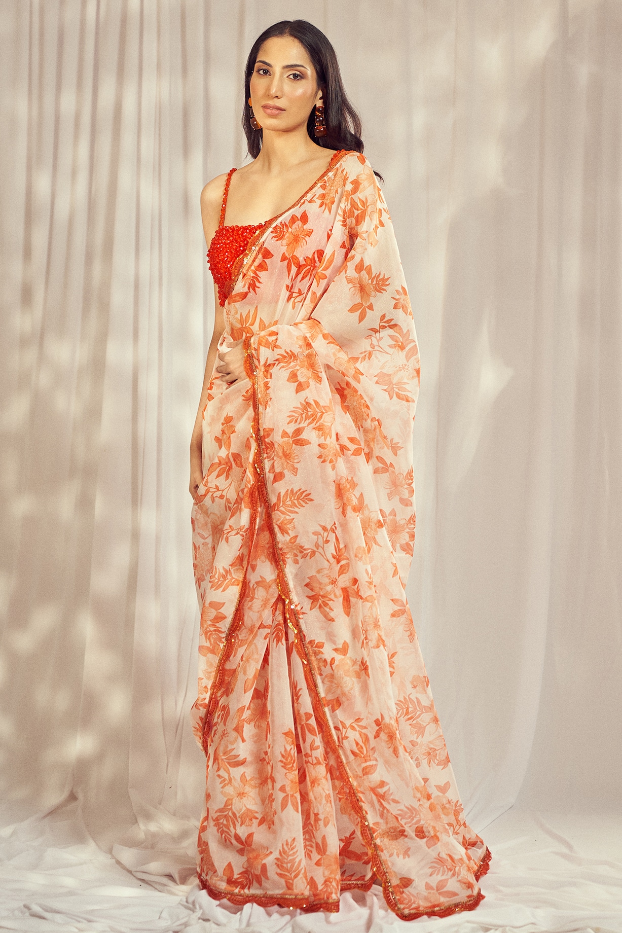 Burnt Orange Organza Floral Printed Saree Set by Harshita