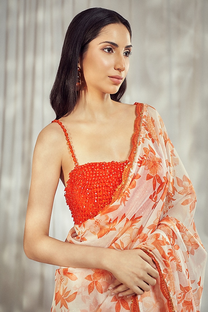 Burnt Orange Organza Floral Printed Wedding Saree Set by Harshita Singhvi at Pernia's Pop Up Shop
