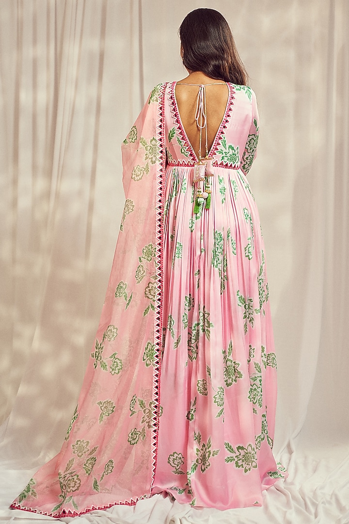 Baby Pink Georgette Satin Floral Printed & Mirror Work Wedding Anarkali Set by Harshita Singhvi at Pernia's Pop Up Shop