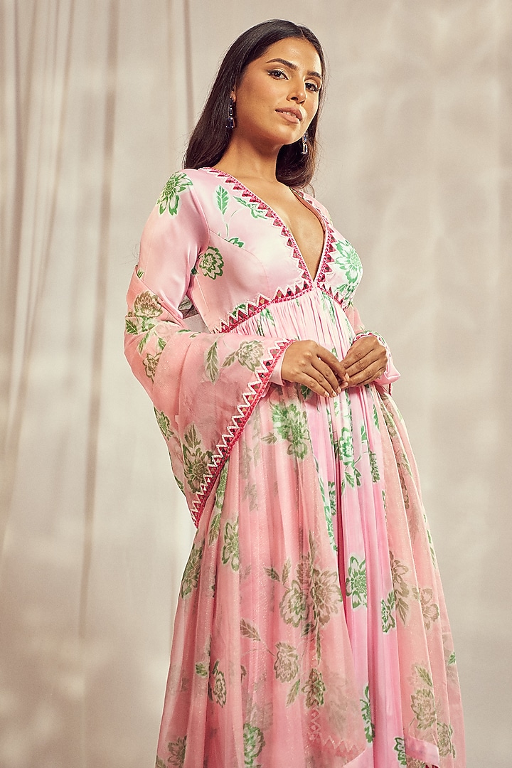 Baby Pink Georgette Satin Floral Printed & Mirror Work Wedding Anarkali Set by Harshita Singhvi at Pernia's Pop Up Shop