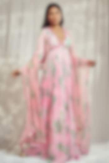 Baby Pink Georgette Satin Floral Printed & Mirror Work Anarkali Set by Harshita Singhvi at Pernia's Pop Up Shop