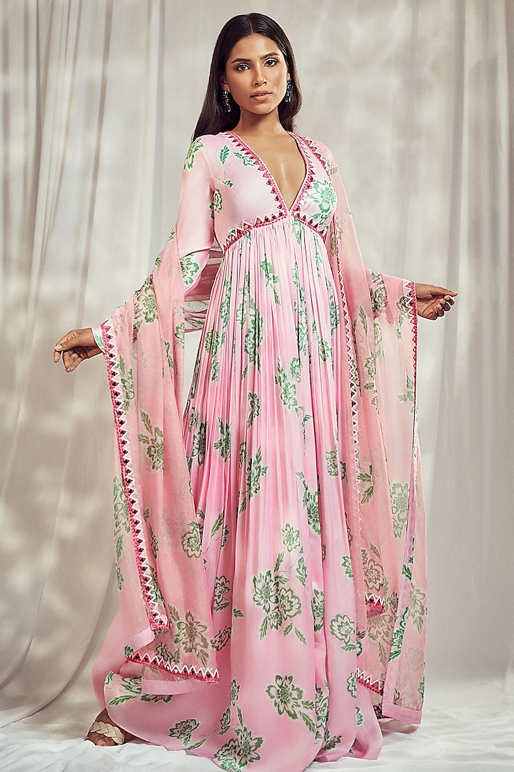 Baby Pink Georgette Satin Floral Printed & Mirror Work Anarkali Set by Harshita Singhvi at Pernia's Pop Up Shop