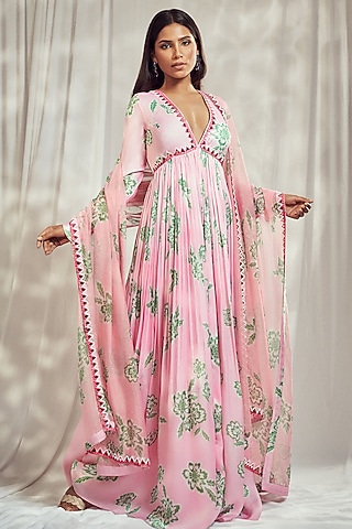 Baby Pink Georgette Satin Floral Printed & Mirror Work Anarkali Set by Harshita Singhvi
