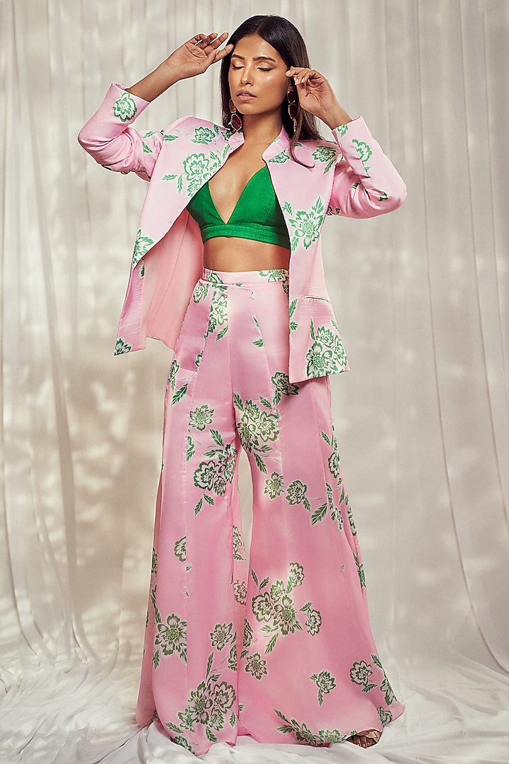 Baby Pink Georgette Satin Floral Printed Blazer Set by Harshita Singhvi at Pernia's Pop Up Shop