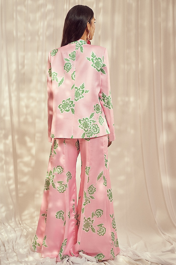 Baby Pink Georgette Satin Floral Printed Blazer Set by Harshita Singhvi at Pernia's Pop Up Shop