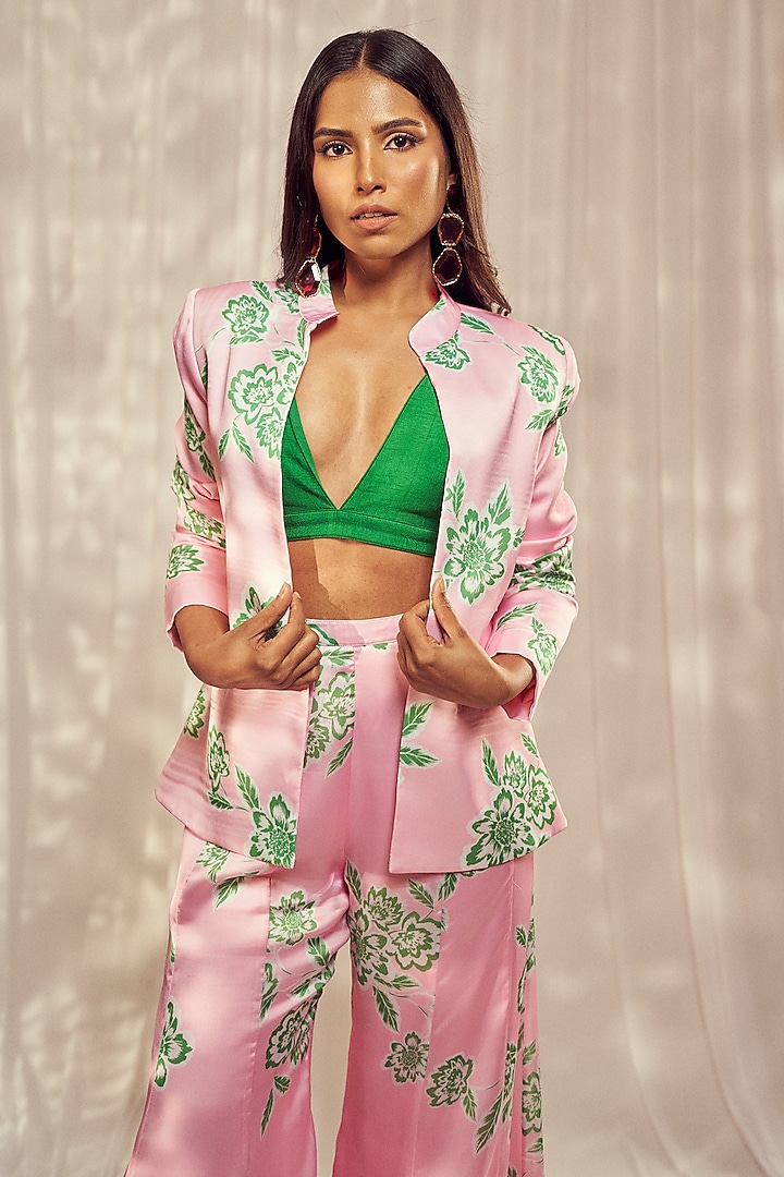 Baby Pink Georgette Satin Floral Printed Blazer Set by Harshita Singhvi at Pernia's Pop Up Shop