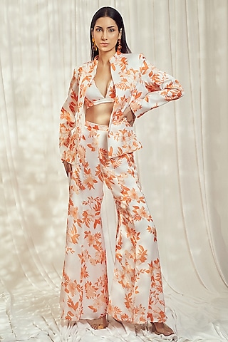 Burnt Orange Georgette Satin Floral Printed Blazer Set by Harshita Singhvi