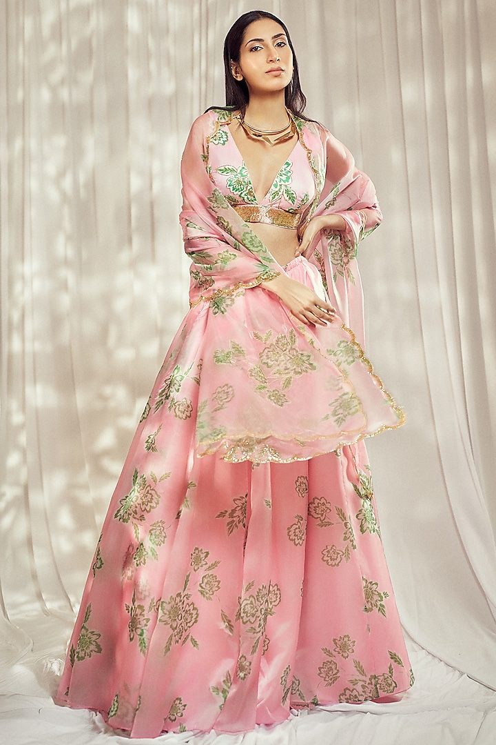 Baby Pink Organza Silk Floral Printed Wedding Lehenga Set by Harshita Singhvi at Pernia's Pop Up Shop