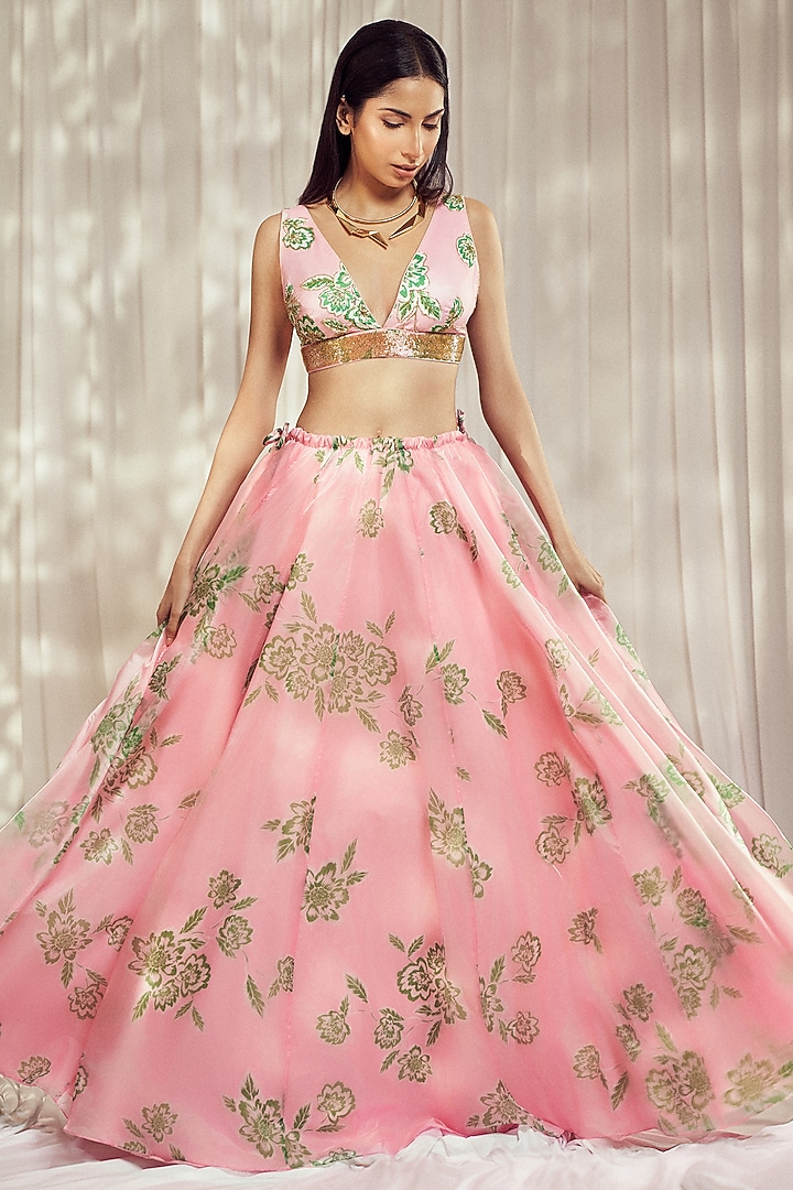 Baby Pink Organza Silk Floral Printed Wedding Lehenga Set by Harshita Singhvi at Pernia's Pop Up Shop
