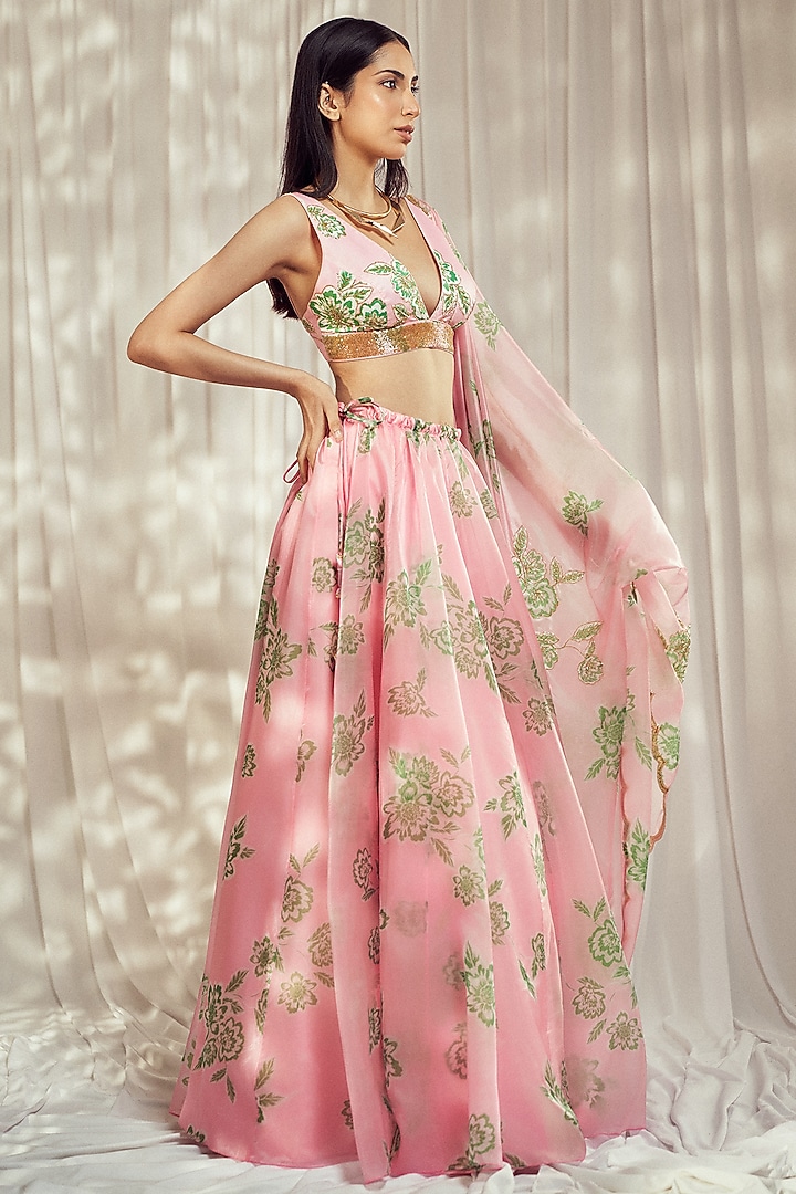 Baby Pink Organza Silk Floral Printed Wedding Lehenga Set by Harshita Singhvi at Pernia's Pop Up Shop
