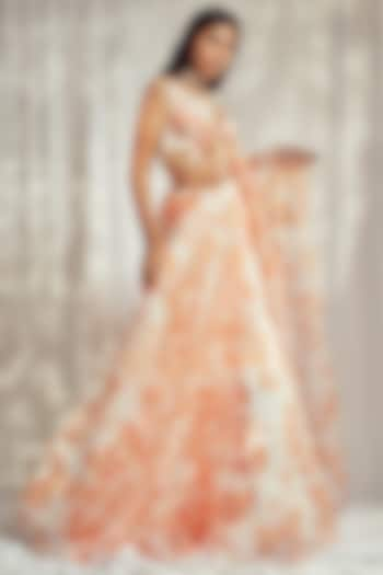 Burnt Orange Organza Silk Floral Printed Wedding Lehenga Set by Harshita Singhvi at Pernia's Pop Up Shop