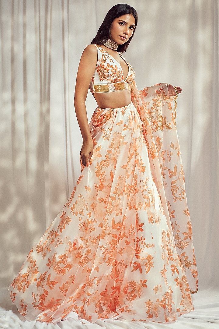 Burnt Orange Organza Silk Floral Printed Wedding Lehenga Set by Harshita Singhvi at Pernia's Pop Up Shop