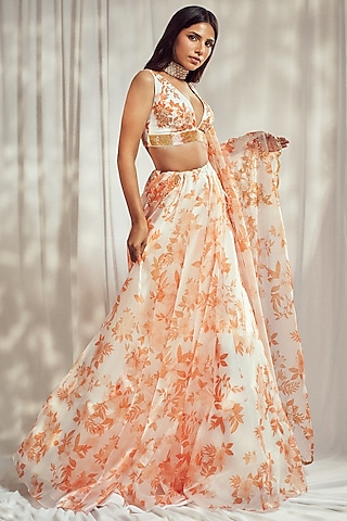 Burnt Orange Organza Silk Floral Printed Lehenga Set by Harshita Singhvi