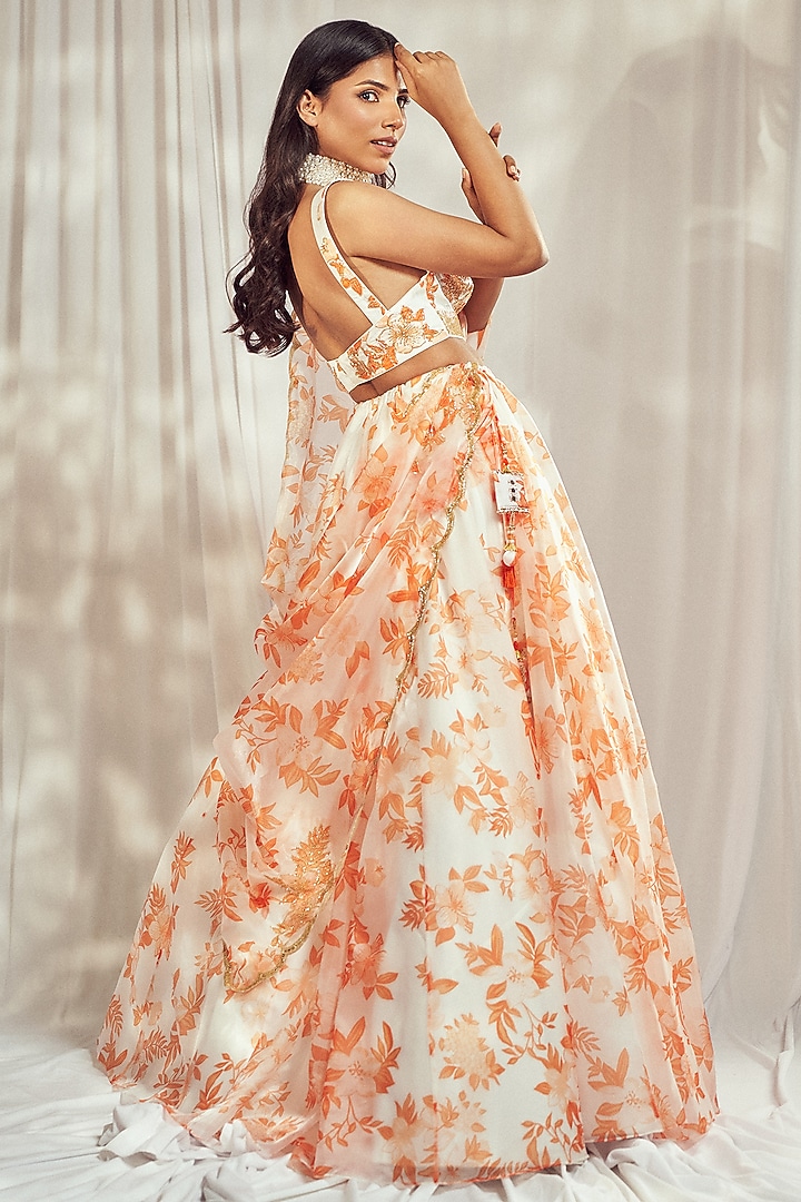 Burnt Orange Organza Silk Floral Printed Wedding Lehenga Set by Harshita Singhvi at Pernia's Pop Up Shop