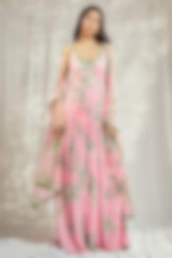 Baby Pink Georgette Floral Printed Strappy Anarkali Set by Harshita Singhvi at Pernia's Pop Up Shop