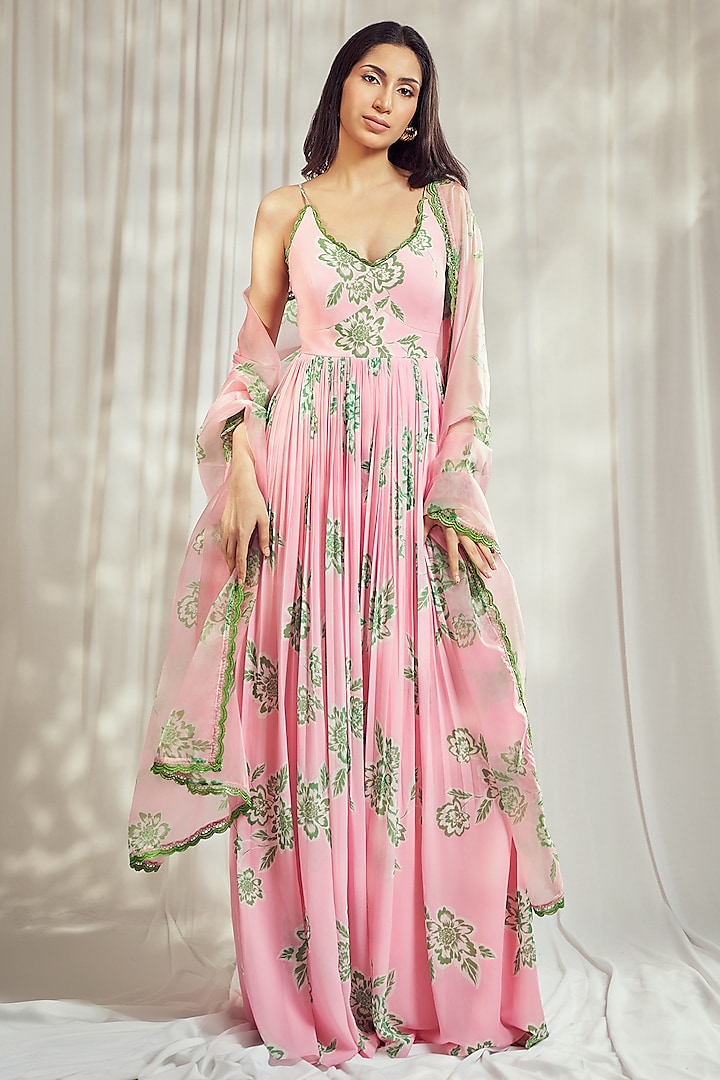 Baby Pink Georgette Floral Printed Strappy Anarkali Set by Harshita Singhvi at Pernia's Pop Up Shop