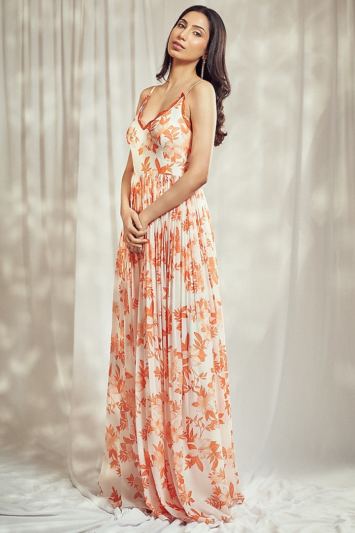 Burnt Orange Georgette Floral Printed Strappy Anarkali Set by Harshita Singhvi at Pernia's Pop Up Shop