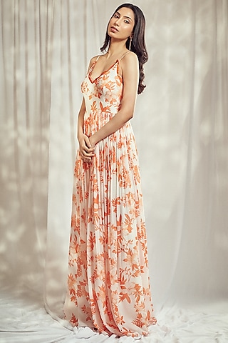 Burnt Orange Georgette Floral Printed Strappy Anarkali Set by Harshita Singhvi