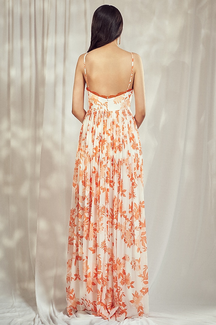 Burnt Orange Georgette Floral Printed Strappy Party Wear Anarkali Set by Harshita Singhvi at Pernia's Pop Up Shop