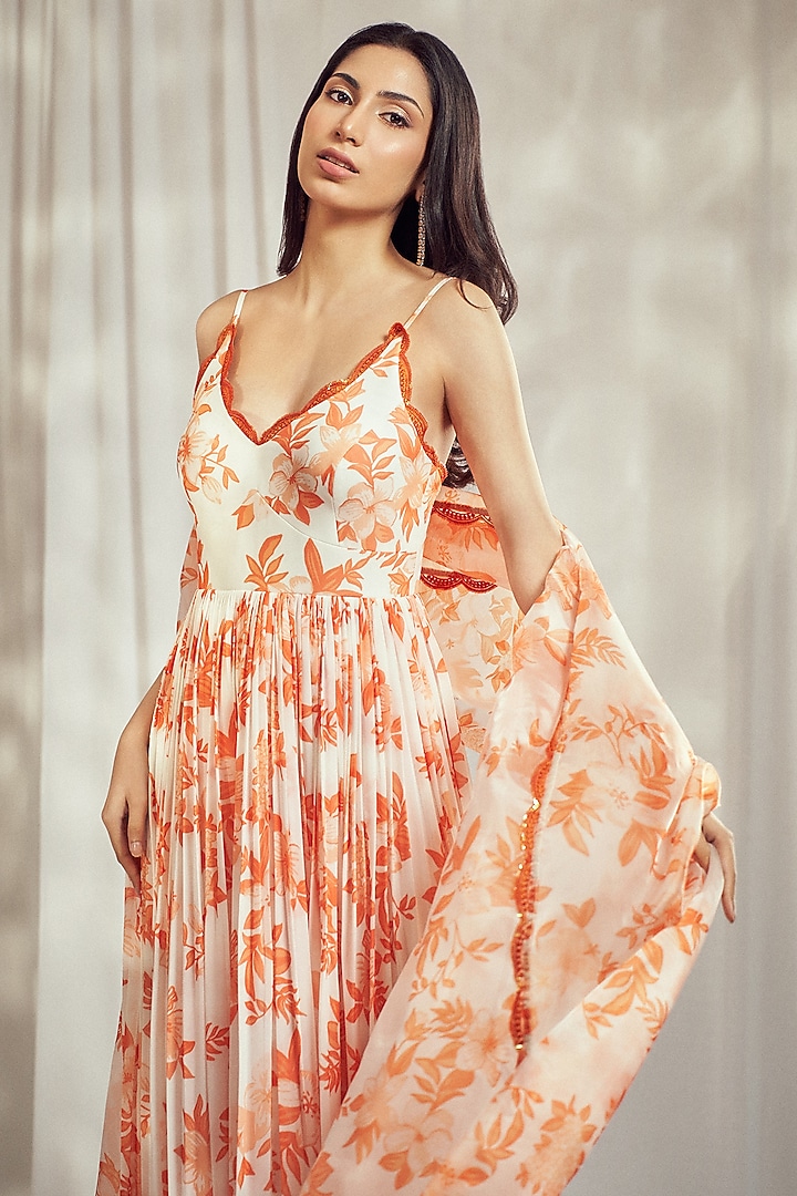 Burnt Orange Georgette Floral Printed Strappy Party Wear Anarkali Set by Harshita Singhvi at Pernia's Pop Up Shop